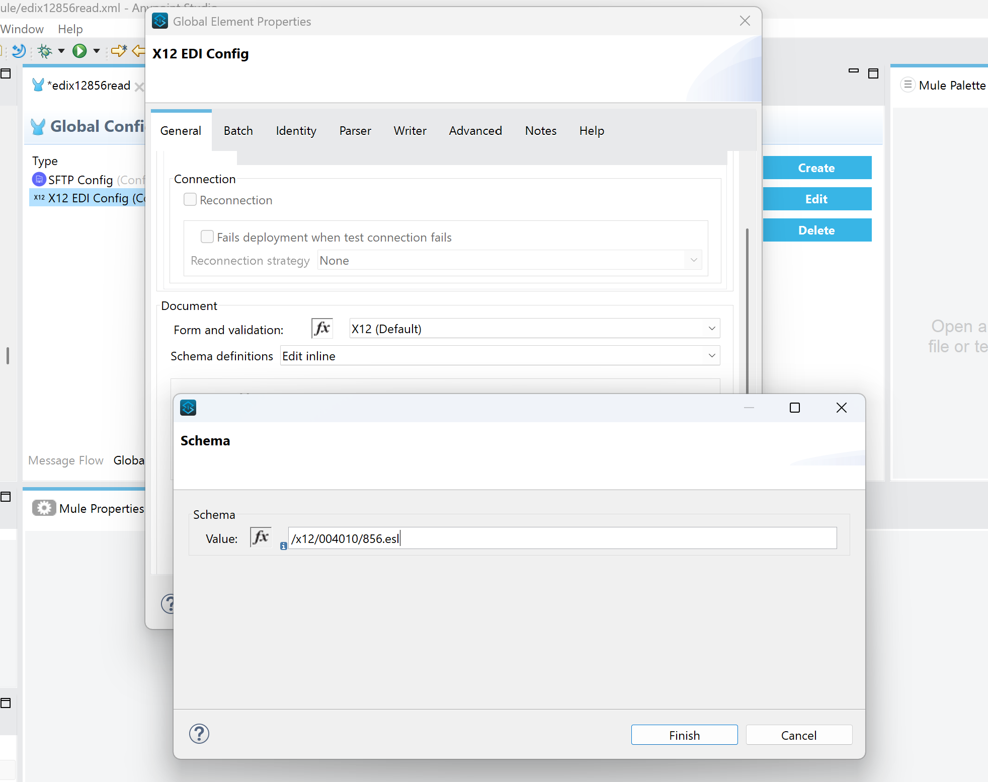 Screenshot of Anypoint Studio showing the edix12856read project structure