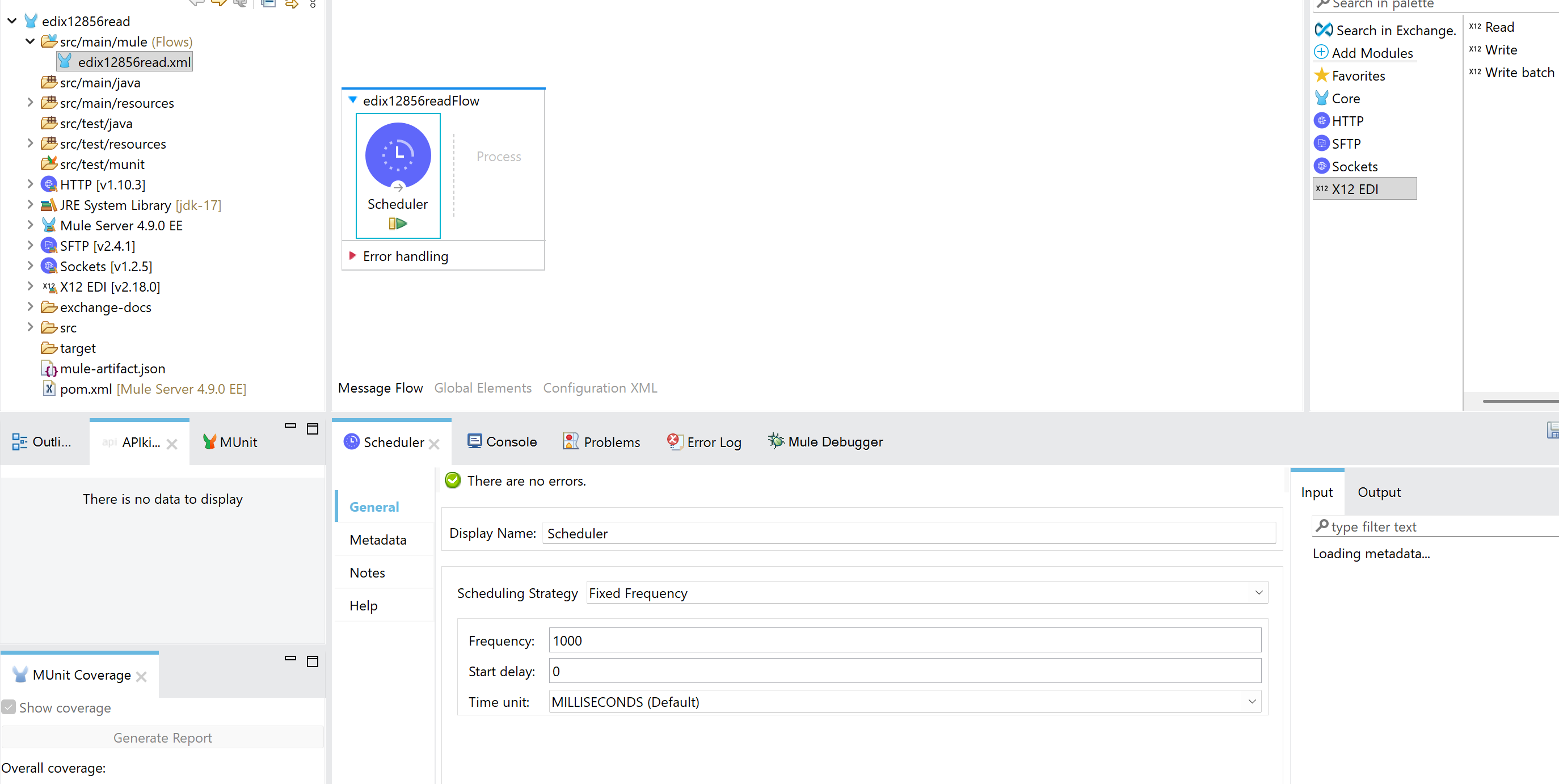 Screenshot of Anypoint Studio showing the edix12856read project structure