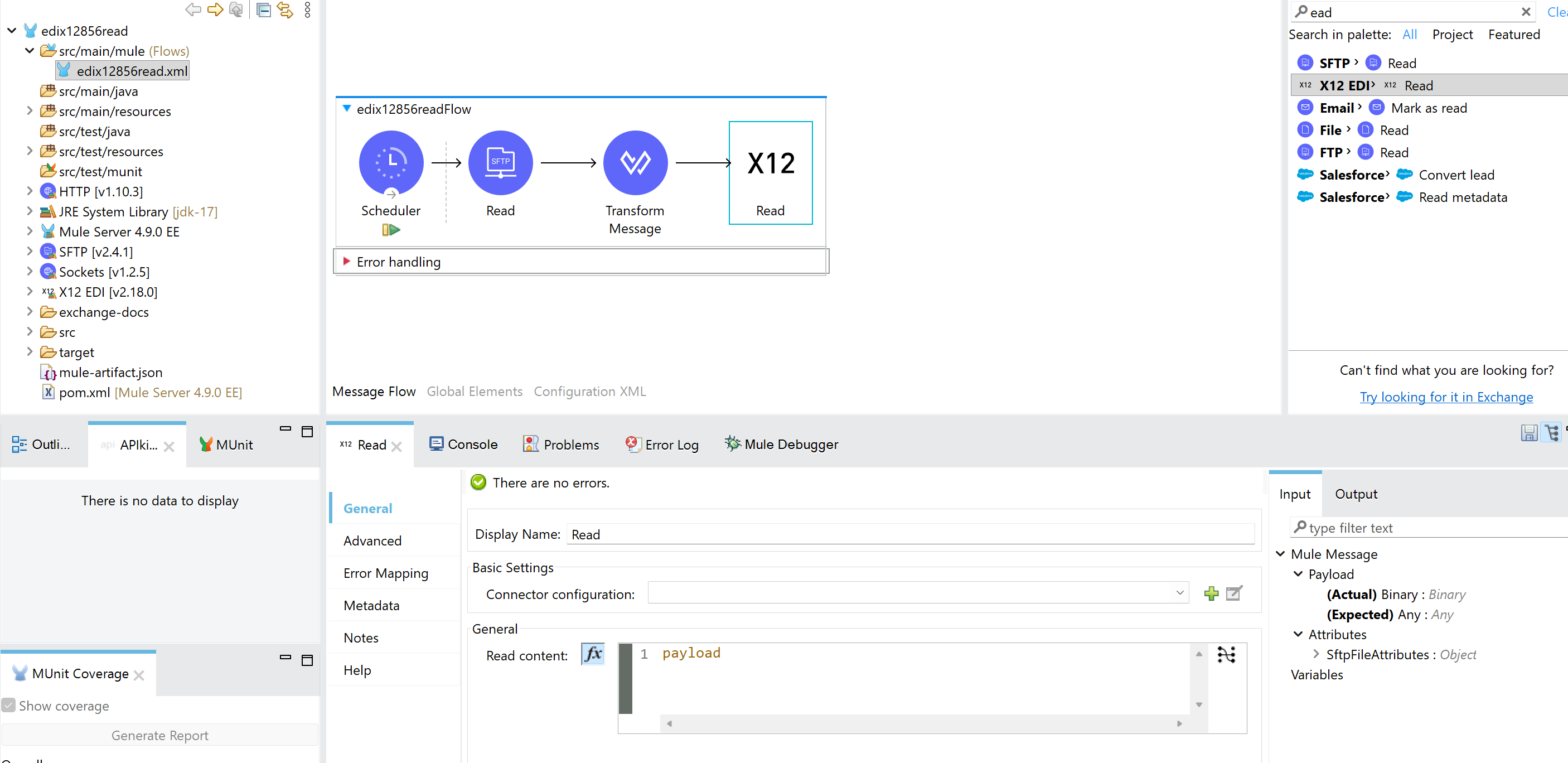 Screenshot of Anypoint Studio showing the edix12856read project structure
